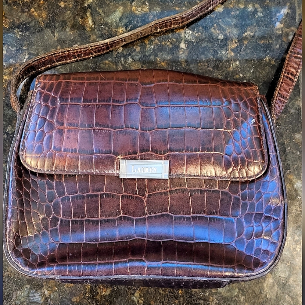 Lauren By Ralph Lauren Brown Faux Crocodile Leather Cross Body Purse